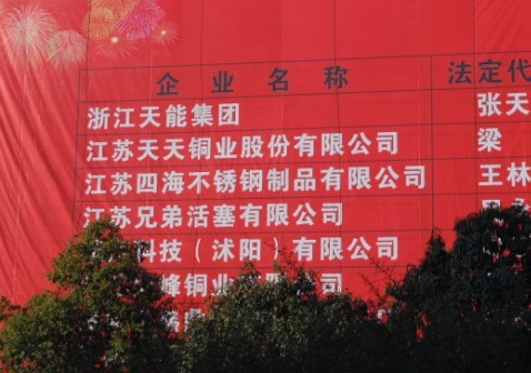 1月14日記者拍攝的聳立在沭陽縣迎賓大道上的巨幅納稅廣告牌，排名第一的是浙江天能。