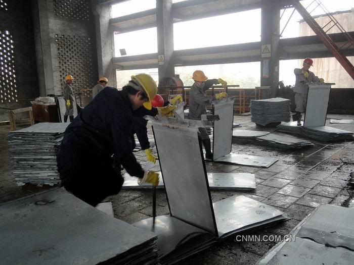 華錫來(lái)冶公司2012年元月0#鋅產(chǎn)出率達(dá)78%，超出集團(tuán)公司當(dāng)月考核任務(wù)的28%，為2012年安全、質(zhì)量生產(chǎn)工作打開良好勢(shì)頭。圖為電解員工按標(biāo)準(zhǔn)化操作要求進(jìn)行剝鋅工作